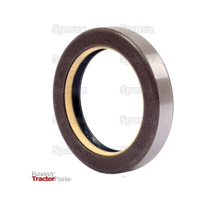 Close-up of a circular tractor part identified as the Seal - 4WD Hub, featuring a brown outer ring and black inner ring. The background is plain white, adorned with various "Sparex" watermarks. The "Massey TractorParts" logo is located at the bottom.