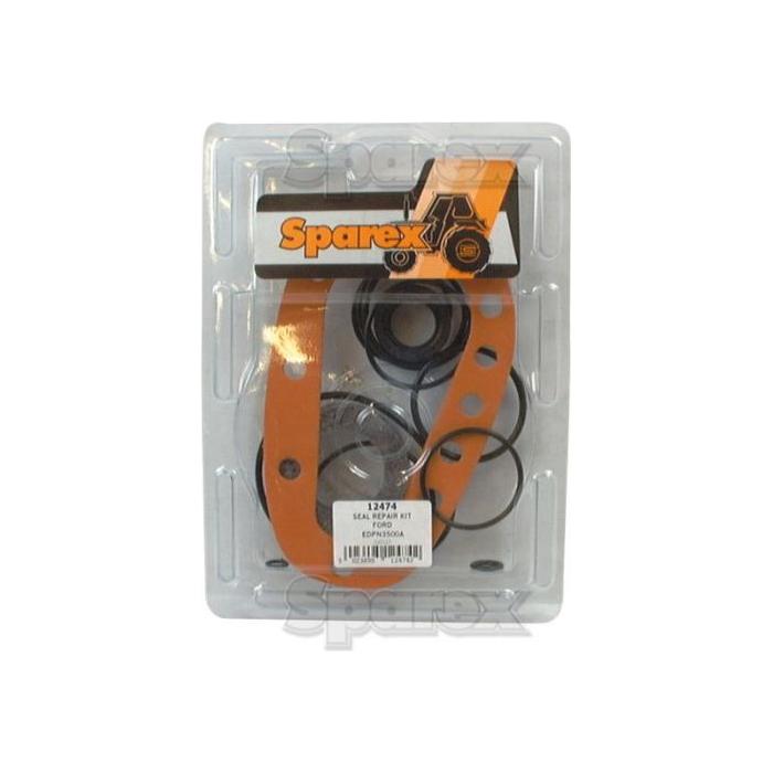 Plastic packaging containing a Sparex Seal Kit (Power Steering Gear Assembly) with Part No. S.12474 for a Ford New Holland vehicle. The kit, designed specifically for the 4000 US Built model, includes various rubber seals and an orange metal component essential for maintaining the Power Steering Gear Assembly.