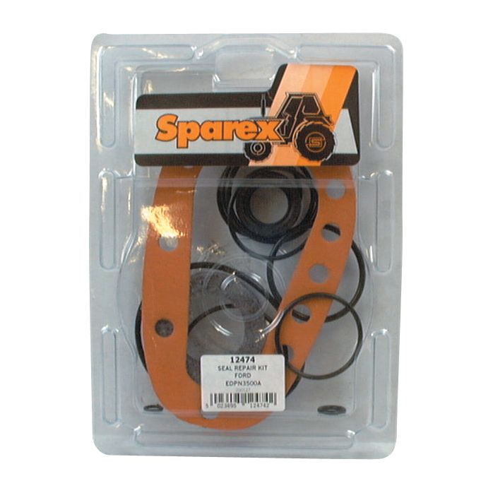 A packaged Seal Kit (Power Steering Gear Assembly) by Sparex, part number S.12474, with various O-rings and seals visible through the transparent plastic cover. Designed specifically for Ford New Holland 4000 US Built models, it's perfect for maintaining your Power Steering Gear Assembly.