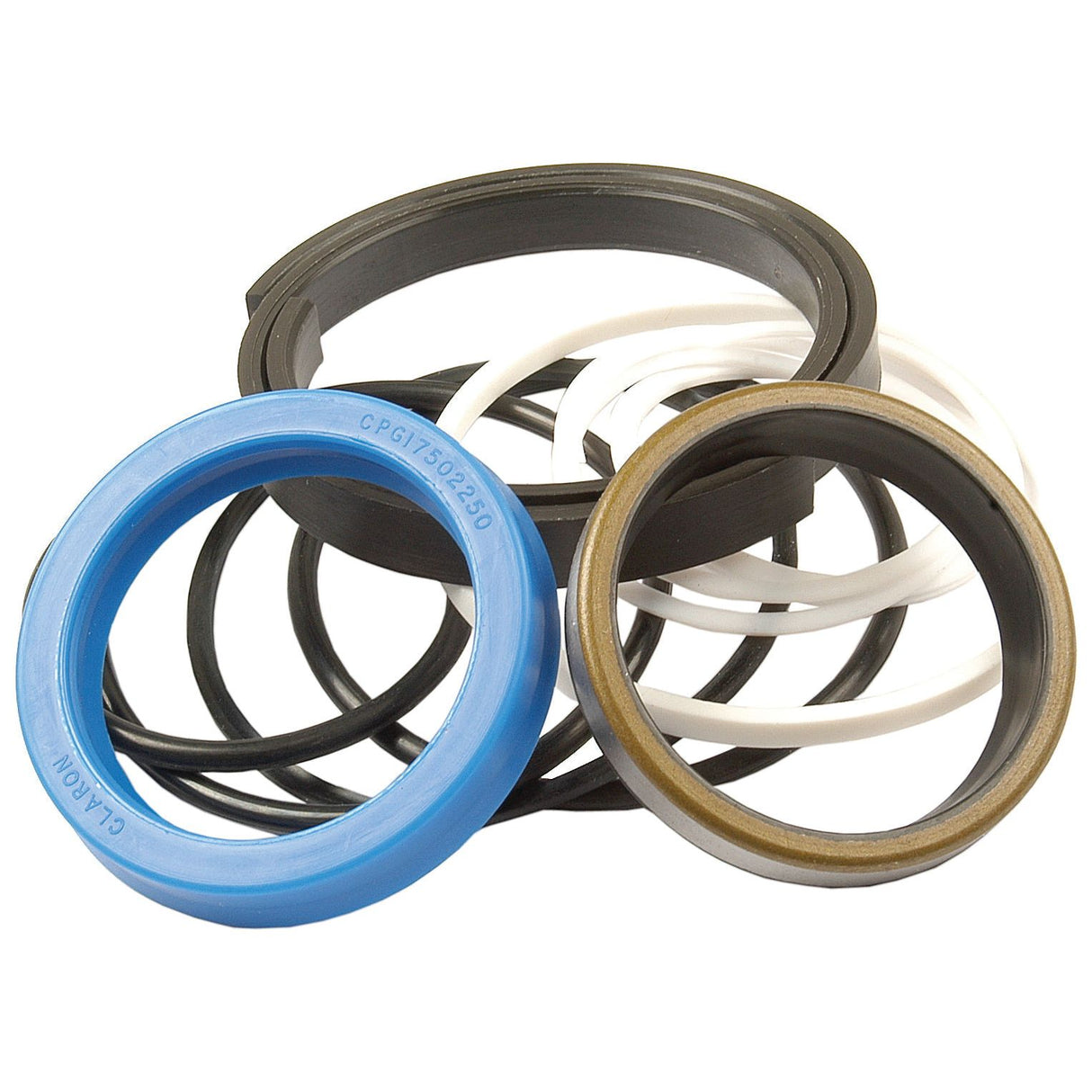 The Seal Kit (Lift Ram) by Sparex, Part No. S.41279, offers a collection of variously sized rubber and plastic seals and rings, including a prominent blue ring, all arranged on a white background. This assortment is ideal for Massey Ferguson Lift Ram repairs and ensures you have the right part when you need it.