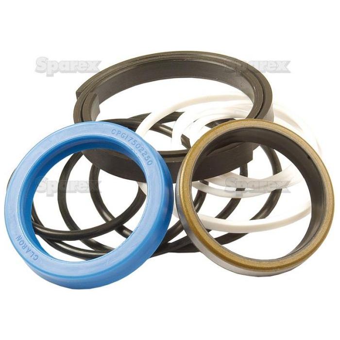 A collection of variously sized black, white, and blue rubber or plastic seals from the Sparex Seal Kit (Lift Ram) | Sparex Part No.S.41279, stacked and arranged on a plain background, perfect for use with Massey Ferguson tractors' lift ram systems.