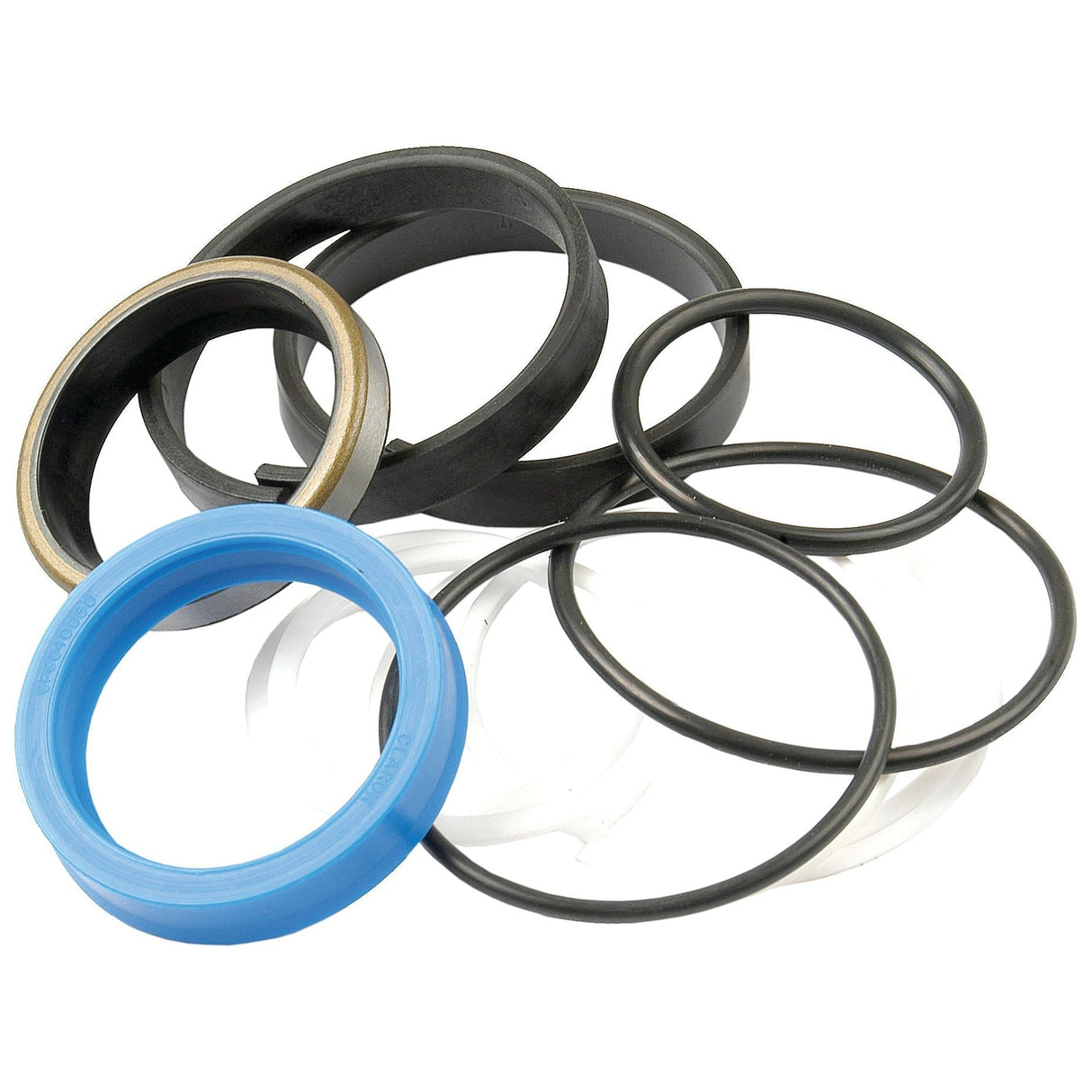 A comprehensive set of black, blue, and white rubber O-rings and gaskets of various sizes, neatly arranged on a white background, ideal for maintaining Massey Ferguson machinery. Part of the Seal Kit (Bucket Tilt Ram), Sparex Part No.S.41280 from Sparex.