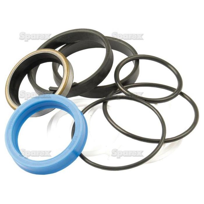 A collection of various O-rings and seals of different sizes and colors, including black rings, a blue seal, and a bronze-colored ring, arranged on a white background. Perfect for Massey Ferguson repairs or Bucket Tilt Ram maintenance using the Seal Kit (Bucket Tilt Ram), Sparex Part No. S.41280 from trusted providers like Sparex.