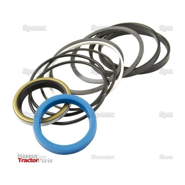 A set of variously colored O-rings and seals arranged in a row is showcased. The image includes a blue ring in the foreground, with others in black, white, and gold. Branding "Sparex" is visible, highlighting quality components for Massey Ferguson vehicles. The product displayed is the Seal Kit (Bucket Ram), Sparex Part No. S.41286.