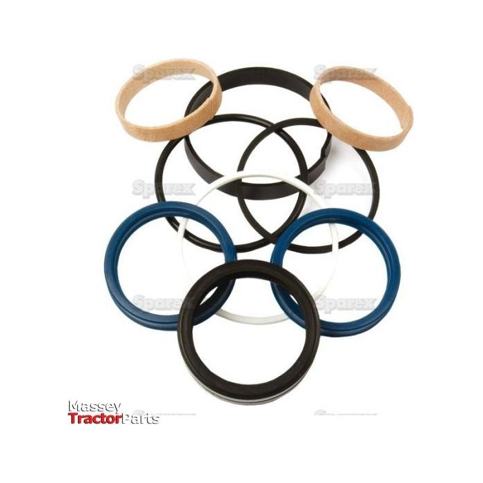 A variety of seals and O-rings in different sizes is displayed on a white background, featuring the "Massey Tractor Parts" logo in the bottom left corner. This Seal Kit (Steering Cylinder 2WD & 4WD depending on tractor models) | Sparex Part No.S.41992 is ideal for Massey Ferguson models, whether 2WD or 4WD, and steering cylinder repairs.