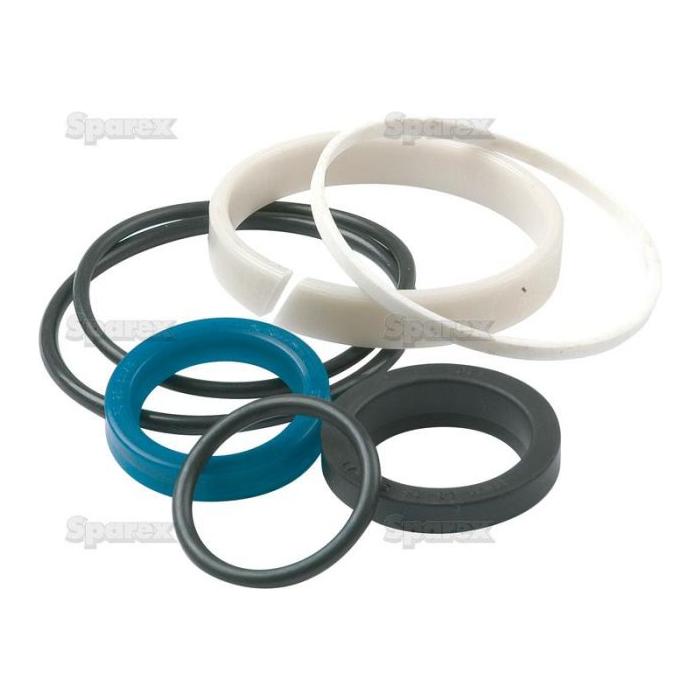 The Seal Kit | Sparex Part No. S.43343 from Sparex includes an assortment of various-sized rubber and plastic O-rings and seals in black, blue, and white colors, ideal for a steering cylinder seal kit for 4WD vehicles, meticulously arranged on a white background.