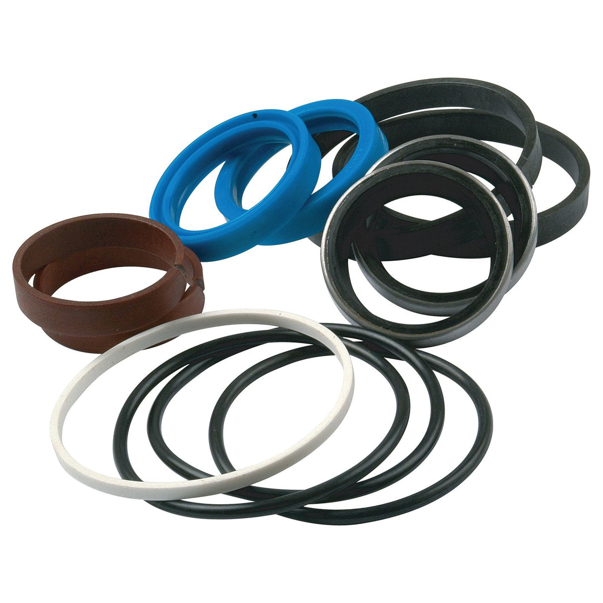The Sparex Seal Kit (Part No. S.43407), featuring an assortment of rubber and plastic O-rings in various colors and sizes, suitable for steering cylinders in Landini or Massey Ferguson machinery, is displayed on a white background.
