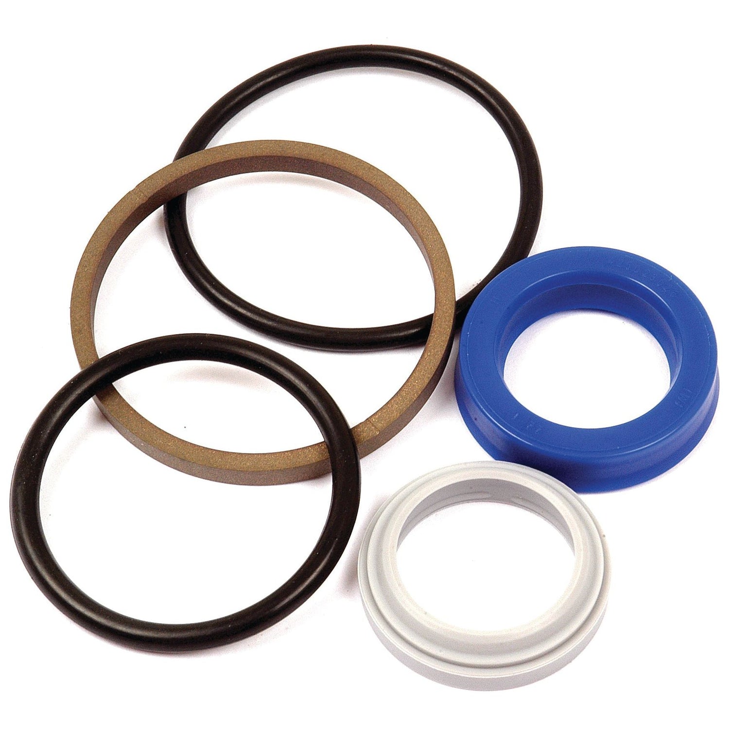 Assorted O-rings and seals in various shapes and colors, including black, brown, blue, and white, arranged on a white background—perfect for Farmall and Case IH steering cylinder maintenance with the Seal Kit (Steering Cylinder) by Sparex (Part No. S.65088).