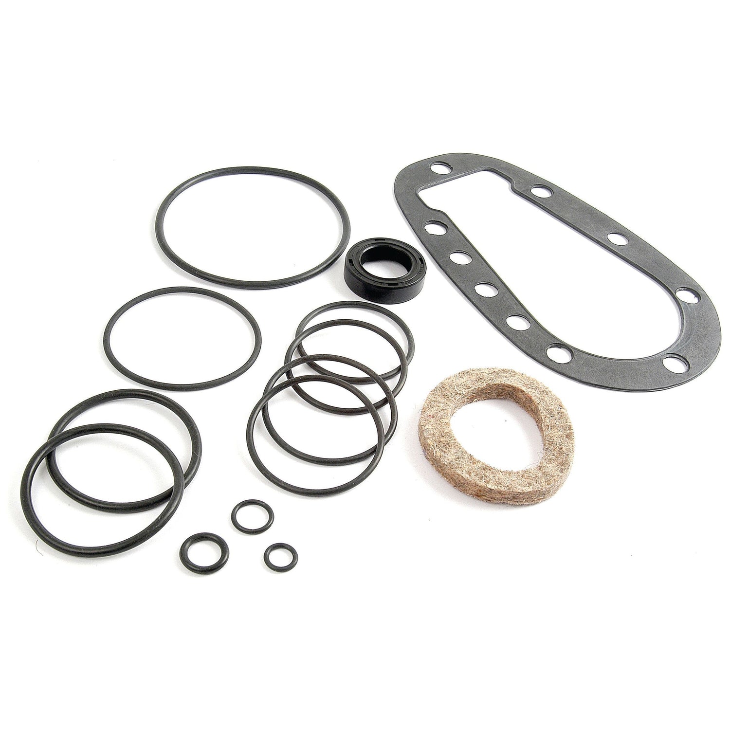 A collection of various rubber and felt gaskets, O-rings, and seals, including the Sparex Seal Kit (Power Steering Gear Assembly) with multiple holes for Ford / New Holland Power Steering Gear Assembly (Sparex Part No.S.66376), displayed on a white background.