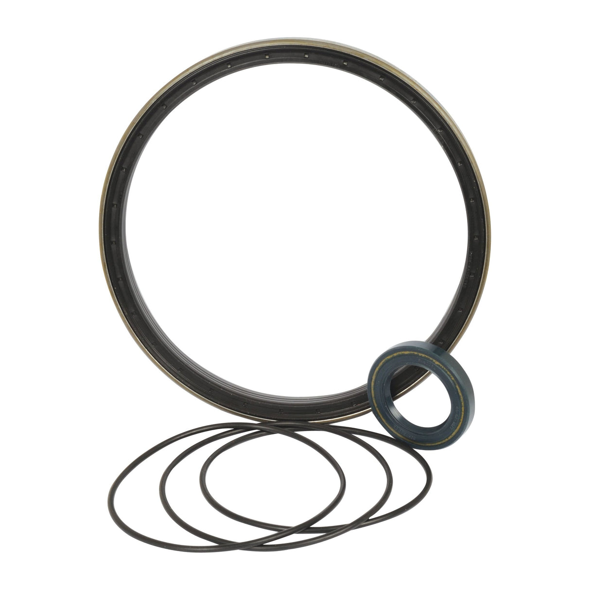 A circular rubber seal kit, featuring various sizes of rings and an oil seal, is arranged on a white background. Ideal for Merlo EV SERIES applications or enhancing your Drive Shaft performance, this Sparex Seal Kit (Sparex Part No. S.68196) offers versatile and reliable solutions.