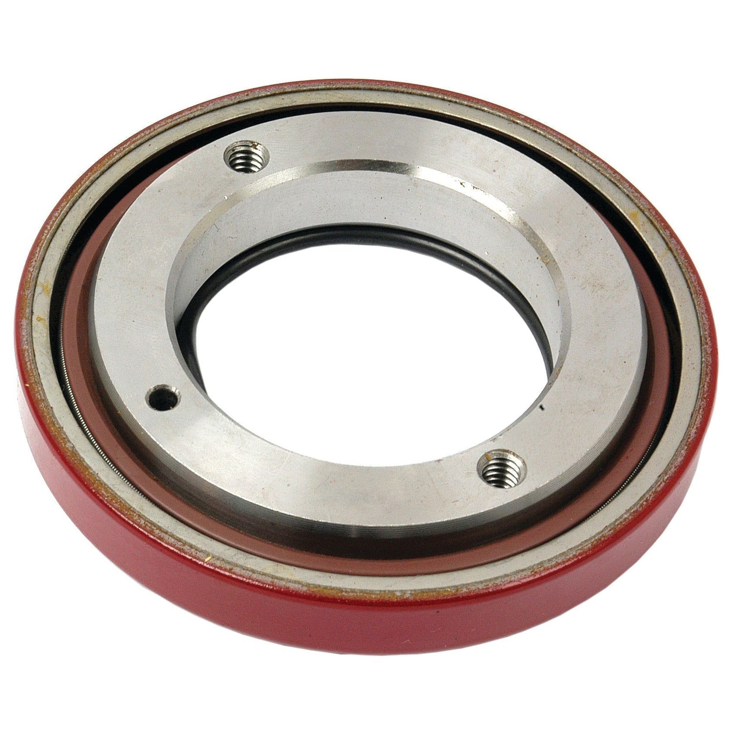 A close-up of a metallic circular bearing featuring a red outer ring, screws, and a central opening, reminiscent of the precision found in the Sparex Seal Kit (Front Crankshaft), Part No. S.57672.