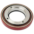 A close-up of a metallic circular bearing featuring a red outer ring, screws, and a central opening, reminiscent of the precision found in the Sparex Seal Kit (Front Crankshaft), Part No. S.57672.