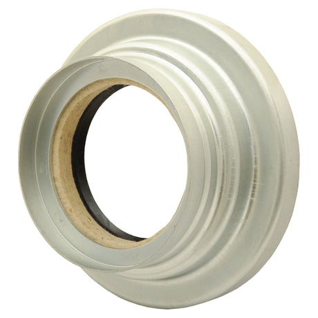 The Seal & Retainer Assembly - S.67138 by Sparex is a cylindrical metal component with a flanged edge and a central circular hole, akin to those found in a trumpet housing.