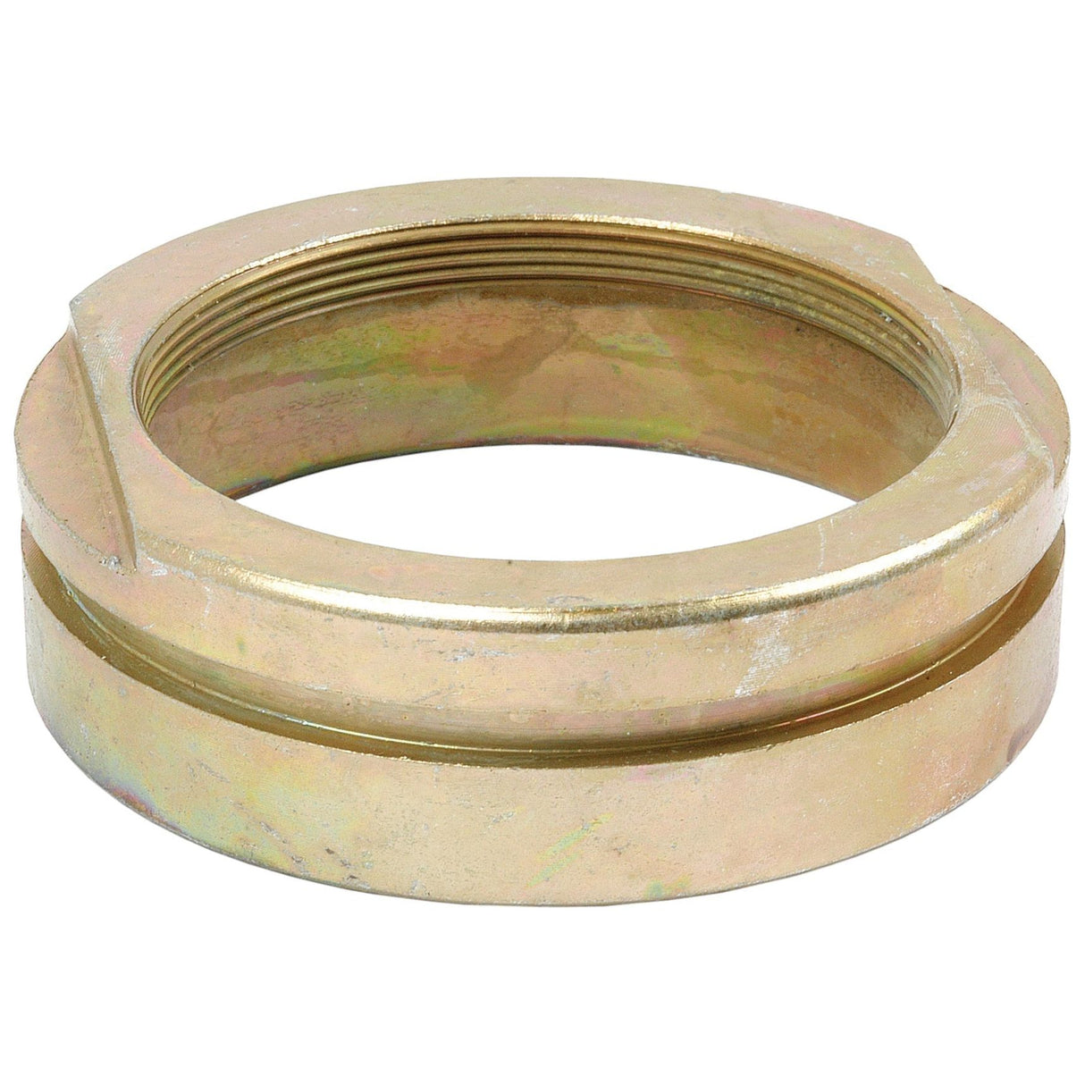 The Seal Retainer Housing (Sparex Part No. S.41990) by Sparex is a metallic, circular nut with threading on the interior and a machined groove on the exterior surface, often used as a seal retainer in Massey Ferguson machinery.