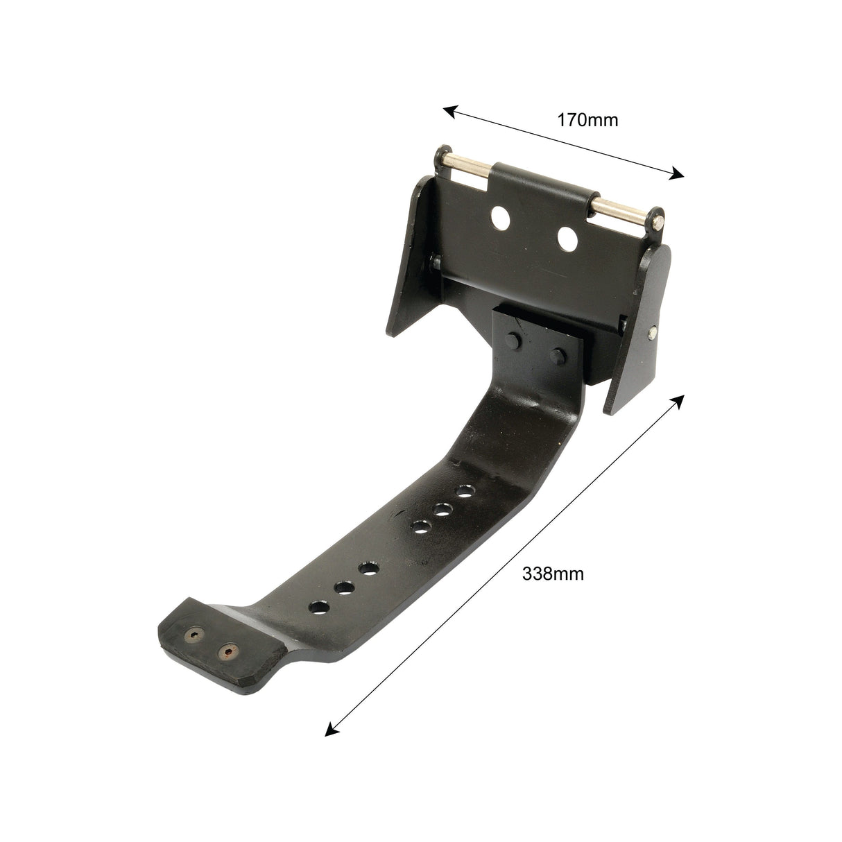 A Seat Bracket, Sparex Part No.S.43726 for Massey Ferguson tractors, featuring three holes on the base, an angled section, and a hinge mechanism. It measures 170mm in width and 338mm in length, with arrows indicating these measurements.