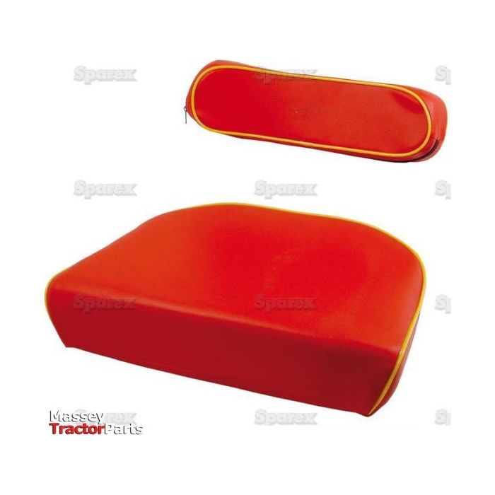 Two red tractor seat cushions with yellow trim. The image shows one bottom cushion and one backrest cushion, both suitable for various tractor models. Perfect as Sparex Part No. S.67198 replacements or upgrades, known as the Seat Cushion & Back Rest by Sparex.