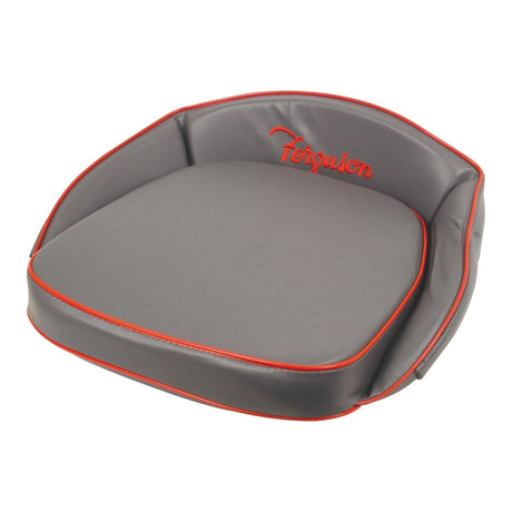 A grey, cushioned tractor seat with red piping and the word "Ferguson" embroidered in red on the backrest. Ideal for enthusiasts, this Sparex product combines both comfort and style—a true representation of the Seat Cushion - Grey with Red Trim design (Sparex Part No.S.43964).