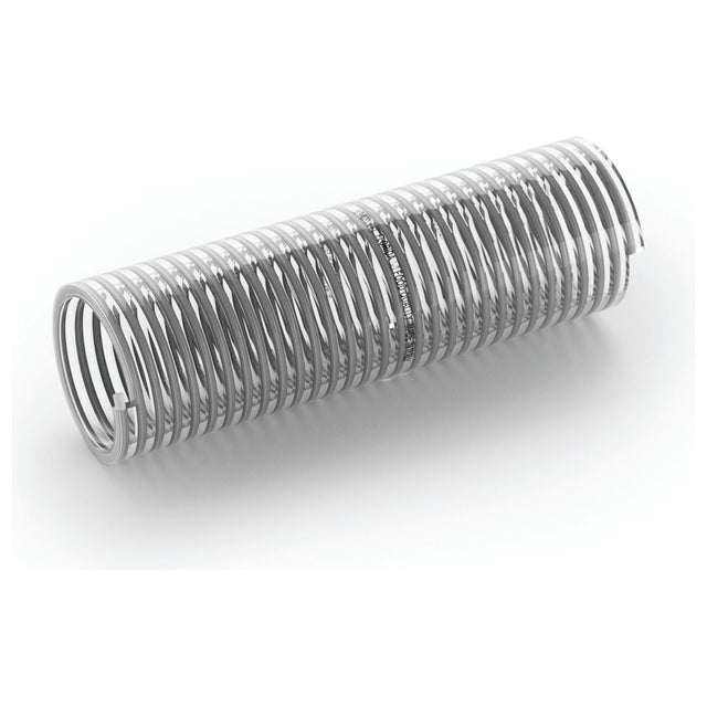 A silver coil spring, reminiscent of a Sparex Seed Drill Hose (Florida) with a 32mm inner diameter (Sparex Part No. S.72544), is shown laying horizontally on a white surface.