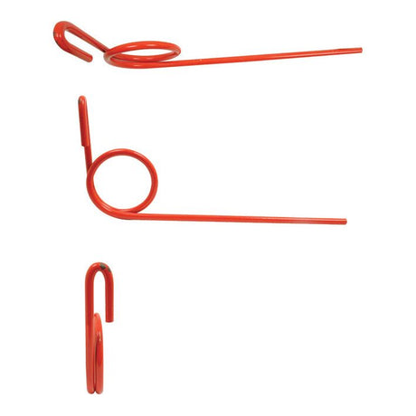 Three red spiral-shaped Seeder Tines, each with a diameter of 12mm and a length of 480mm, suitable as replacement parts for a Vaderstad machine or Grange & Walter equipment (Sparex Part No. S.78094), are shown from different angles: top view, side view, and close-up view.