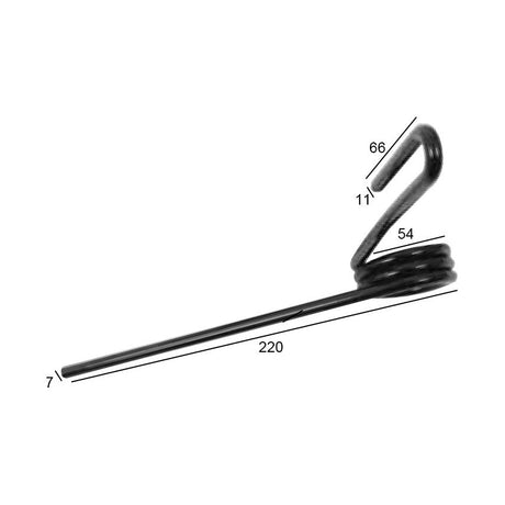 Black metal Seeder Tine from Sparex labeled with dimensions: 66mm height, 54mm width, 220mm length, and a diameter of 7mm. Ideal as a replacement for your existing Nodet or Isaria equipment. This is the FJX0348 model and corresponds to Sparex Part No. S.78981.