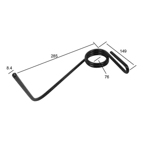 A metal wire, commonly known as the Seeder Tine, comes with precise measurements: 8mm diameter, 285mm length, a 76mm coil diameter, and a 149mm extended leg length. This precision component is compatible with Kuhn agricultural equipment under part number 53068500 and is manufactured by Sparex as part number S.59742.