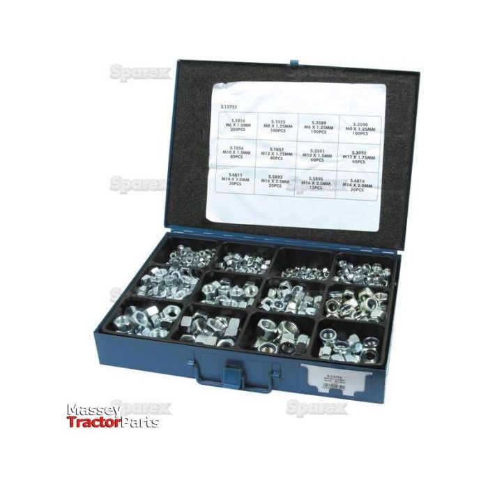 A blue metal case containing various nuts and bolts, including Metric Self Locking Nuts (M6 - 16x1.00 - 2.00mm, DIN 934/985), with labeled compartments and an inventory sheet attached to the lid. The case is branded Sparex Part No.S.12752 from Sparex.