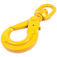 The Sparex Self Locking Swivel Hook - 8mm - S.21541 is a large yellow metal hook with a swiveling mechanism, designed for heavy lifting or securing loads in industrial applications. It comes with a Manufacturer's Test Certificate to ensure safety and reliability.