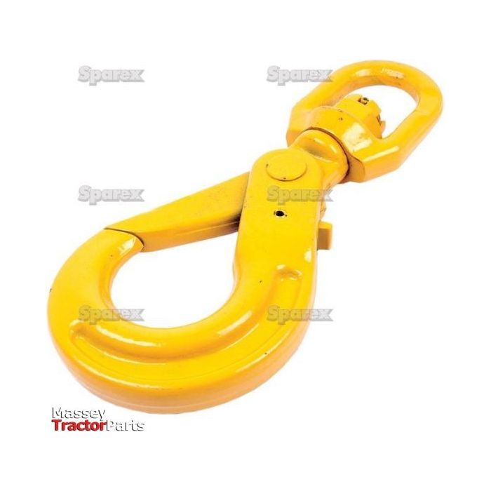A heavy-duty, yellow Self Locking Swivel Hook (8mm - S.21541) featuring Sparex branding and a "Massey Tractor Parts" logo in the bottom left corner. The item is accompanied by a Manufacturer's Test Certificate that guarantees its safe working load and reliability.