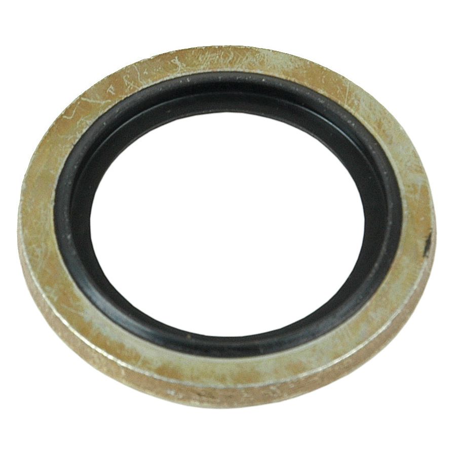 The Sparex Self-centering Bonded Seal 1/2'' BSP & 13/16'' JIC, Part No. S.2809, is a circular metal washer with a black rubber inner ring, designed for self-centering applications.