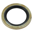 The Sparex Self-centering Bonded Seal 1/2'' BSP & 13/16'' JIC, Part No. S.2809, is a circular metal washer with a black rubber inner ring, designed for self-centering applications.