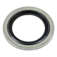 A circular metal ring with a black inner lining, viewed from above, resembles the Sparex Self Centering Bonded Seal 22mm Metric (Part No.S.5692).