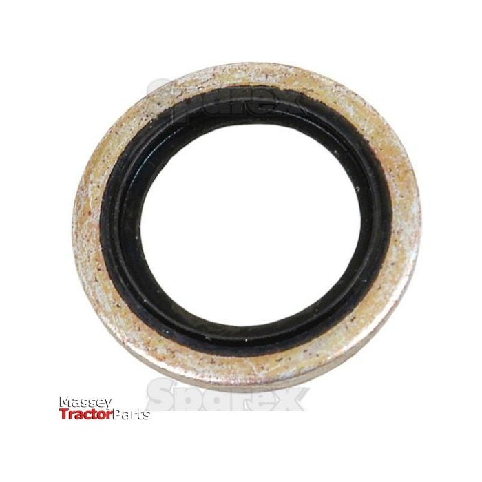 Close-up of a circular metal washer with a black rubber seal in the center, resembling the Self Centering Bonded Seal 3/8'' BSP, Sparex Part No. S.2808. The background is plain white, and the words "Massey Tractor Parts" and "Sparex" are faintly visible on the image.