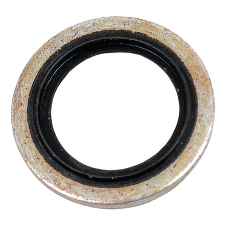 The Sparex Self-Centering Bonded Seal 9/16'' JIC & 14mm Metric (Part No. S.4587), featuring a metal washer with a black rubber center, is ideal for creating tight seals in machinery and plumbing applications.