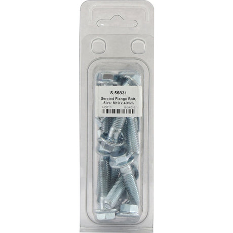 A clear plastic package containing several Sparex Serated Flange Bolts, size M10x40mm (Sparex Part No. S.56831), with a barcode and product label displayed on the front.