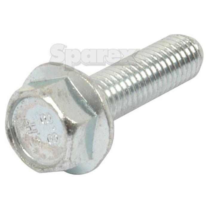 A serated flange bolt from Sparex, M8x30mm (Sparex Part No.S.56821), featuring a zinc-plated, threaded shaft and marked with product details, shown against a plain background.