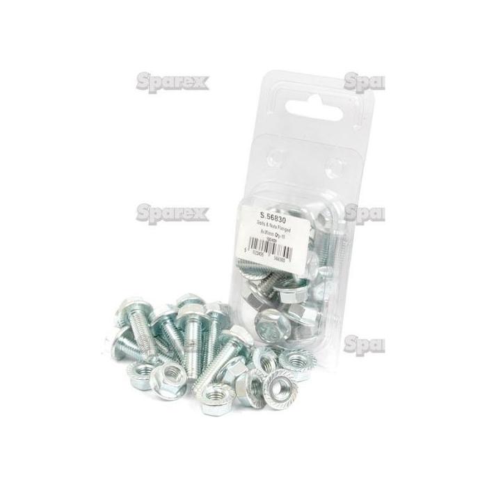 A clear plastic package containing Sparex Serated Flange Bolts, M8x30mm (Sparex Part No. S.56830), with several additional bolts and nuts scattered around the package. The zinc-plated bolts give a shiny finish, and the package has a labeled barcode.