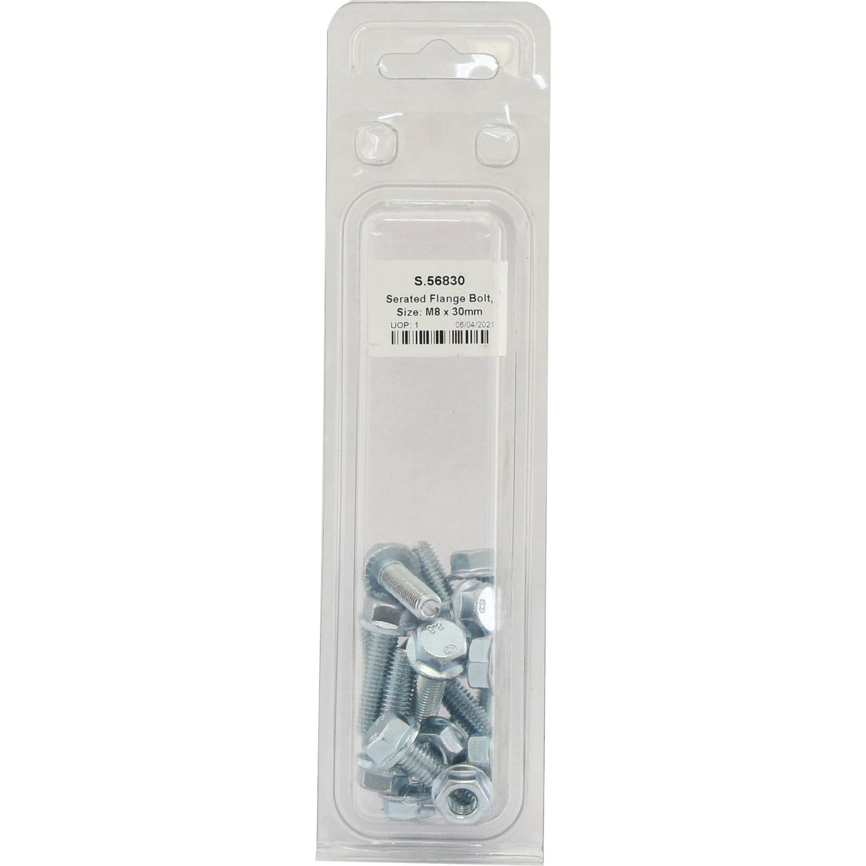 A plastic pack containing Sparex serrated flange bolts, part number S.56830, size M8 x 30mm, with various bolts visible inside.