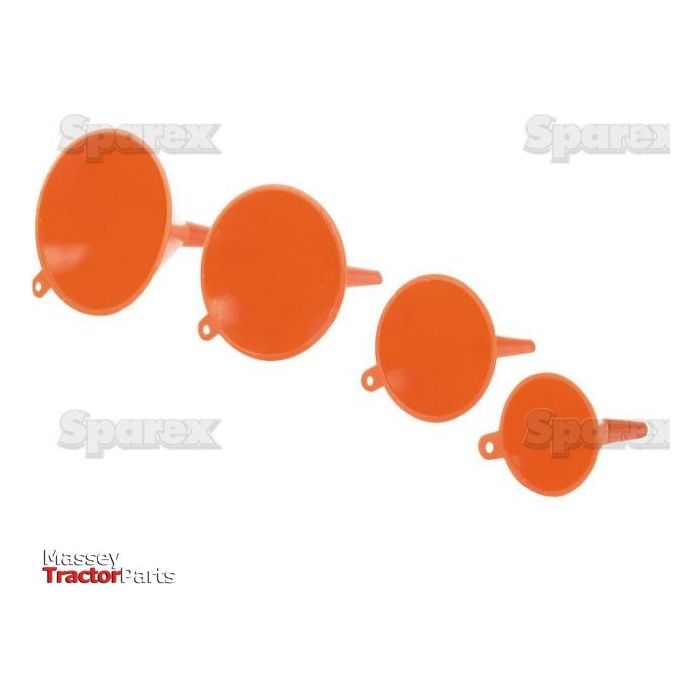 Four orange plastic funnels of varying sizes, part of the Sparex Set of 4 plastic funnels - S.27380, are displayed in a straight line against a white background. The image features text that reads "Sparex" and "Massey Tractor Parts," emphasizing their trusted product specifications.