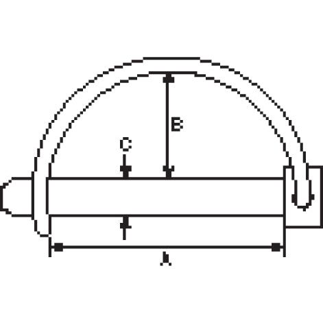 Line drawing of a semi-circular object with labeled dimensions A, B, C, and T shown on different parts of the object, resembling a Shaft Locking Pin by Sparex, Product Number S.271 (Pin Ø6mm x 50mm).