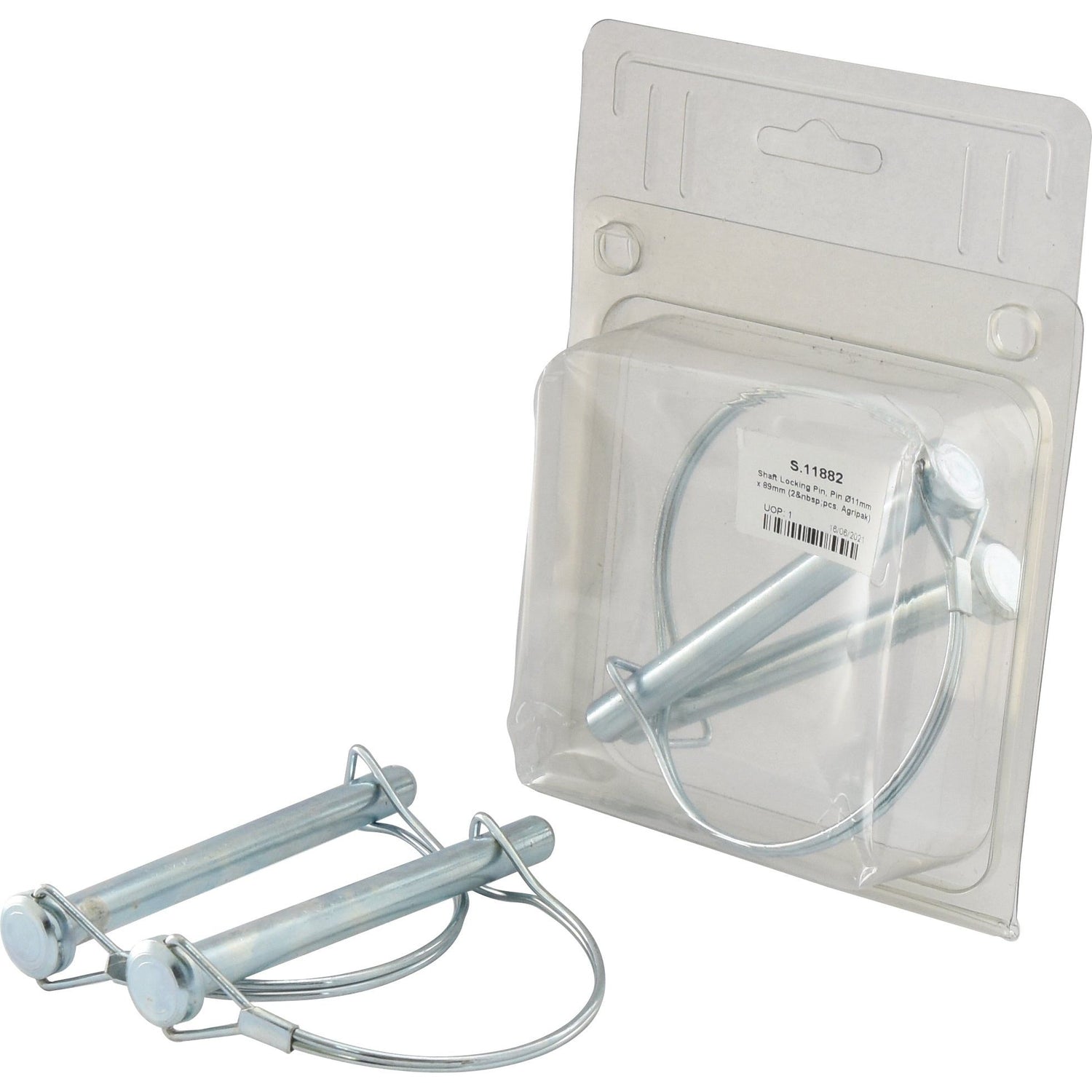 Two Shaft Locking Pins by Sparex, specifically the Ø11mm x 89mm (2 pcs. Agripak) model (Sparex Part No. S.11882), with attached wire loops are displayed. One set is out of the packaging, while the other set is in a clear plastic, sealed casing.