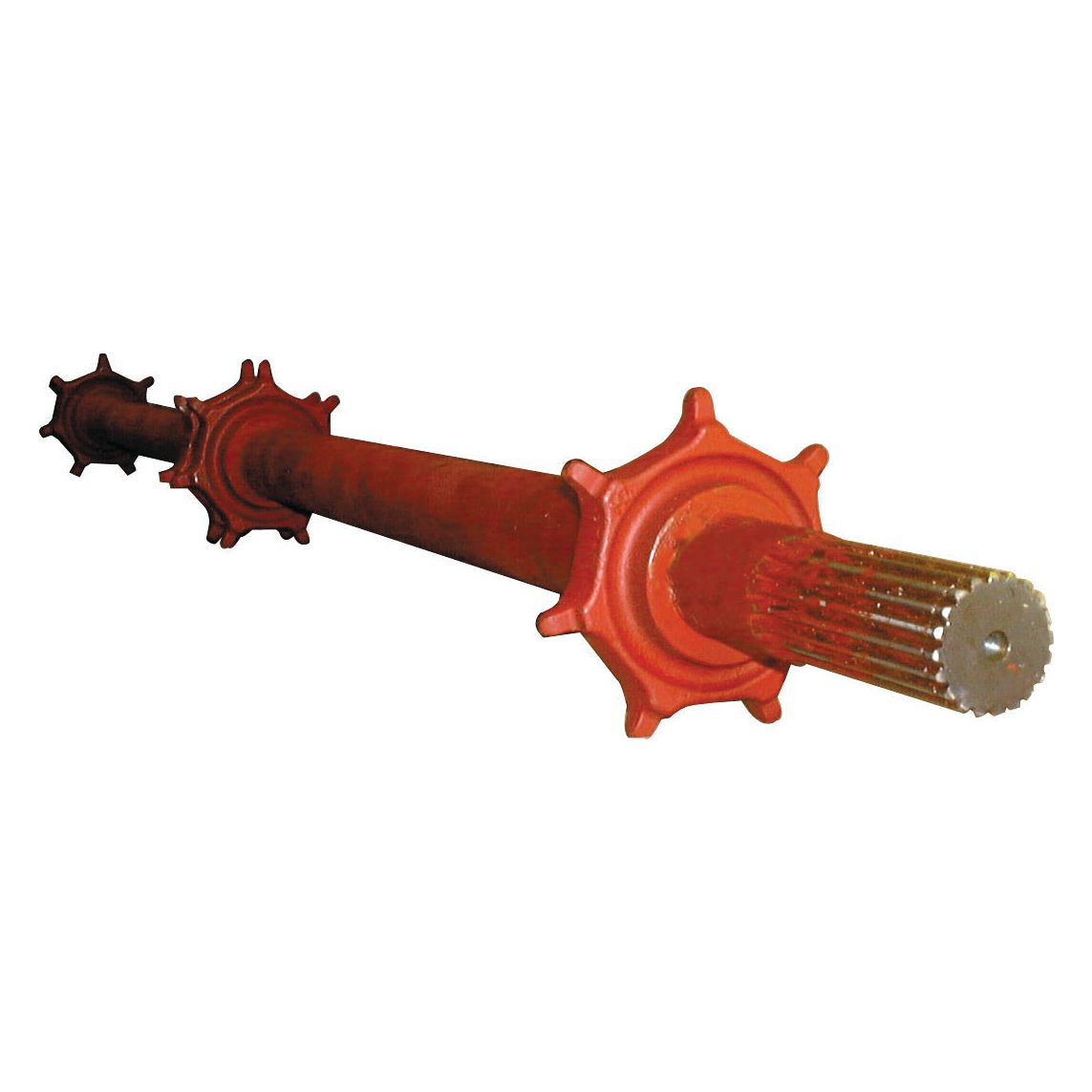 A long, red metal drive shaft, specifically the Shaft Replacement for Zetor (TM9 3424 085), Sparex Part No. S.64853 model, with four flanges evenly spaced along its length.