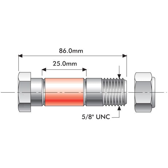 Technical illustration of a Sparex Shear Bolt - 5/8" x 86mm, Blue, Grade 8.8 (900481 | Sparex Part No. S.14832) showing dimensions of 86.0mm overall length and a thread length of 25.0mm.