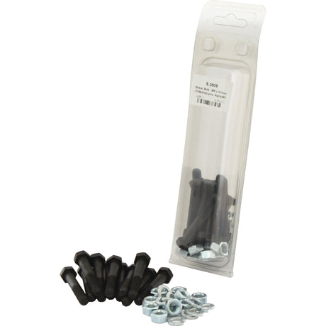A pack of Sparex Shear Bolt - Imperial (Sparex Part No. S.3609), renowned for their high tensile strength, in a transparent plastic packaging, with some bolts and washers displayed in front of the pack.