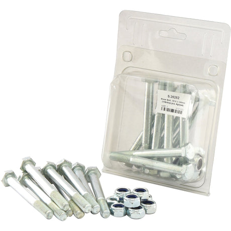 Image of a package containing Shear Bolts, nuts, and washers, with some components scattered in front. The clear plastic packaging reveals a label with product details, highlighting Metric sizes M10x100mm and Tensile strength 10.9 for reliable use. The product is listed as Sparex Part No.S.26252 under the brand name Sparex.