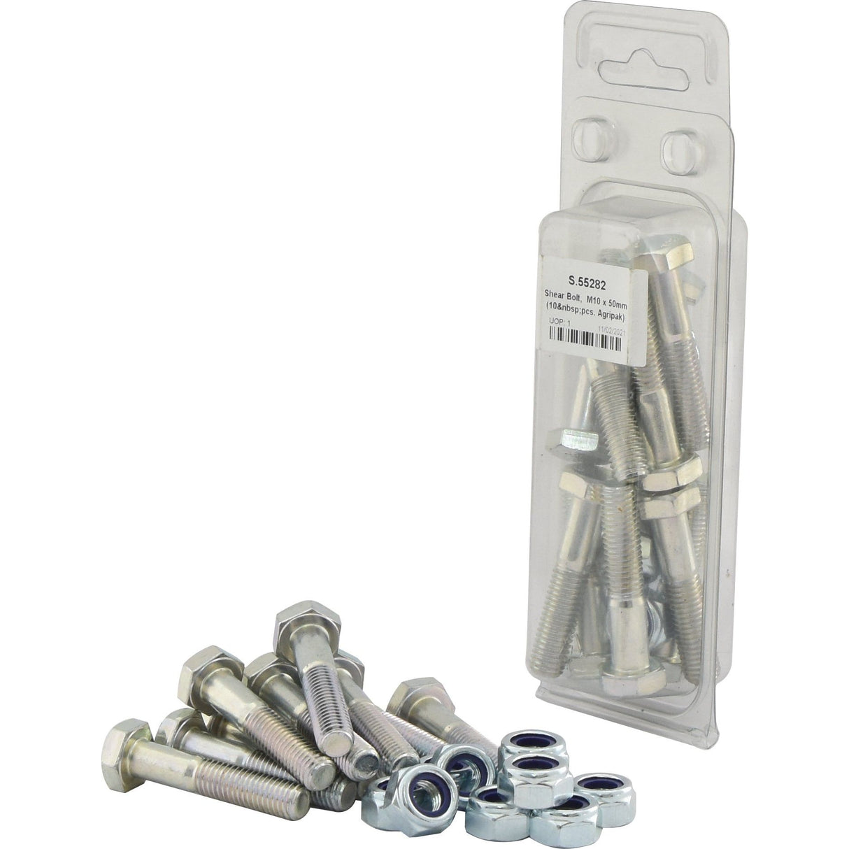 A clear pack of Sparex Shear Bolts, M10x50mm (10 pcs. Agripak), with some bolts and nuts placed outside the pack. The pack's label reads "S. 55282 Bolt 10mm, 50mm (10)".