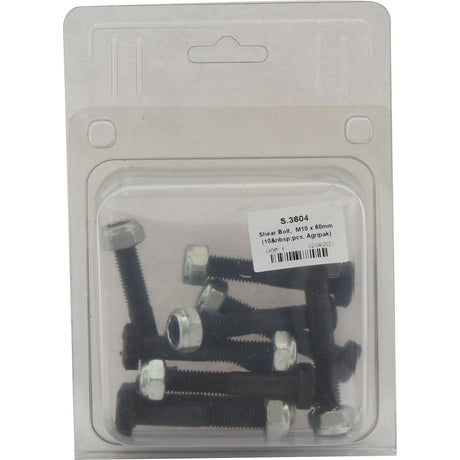 A plastic package containing several black steel bolts with hexagonal heads. A label on the package reads, "Shear Bolt, M10x60mm (10 pcs, Agripak), Sparex Part No.S.3604.