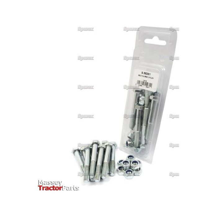 A plastic package labeled "Sparex Part No. S.55281" and containing ten M8x60mm shear bolts is displayed. Additional bolts and nuts with a tensile strength of 12.9 are arranged in front of the package, which features the Sparex brand name prominently.