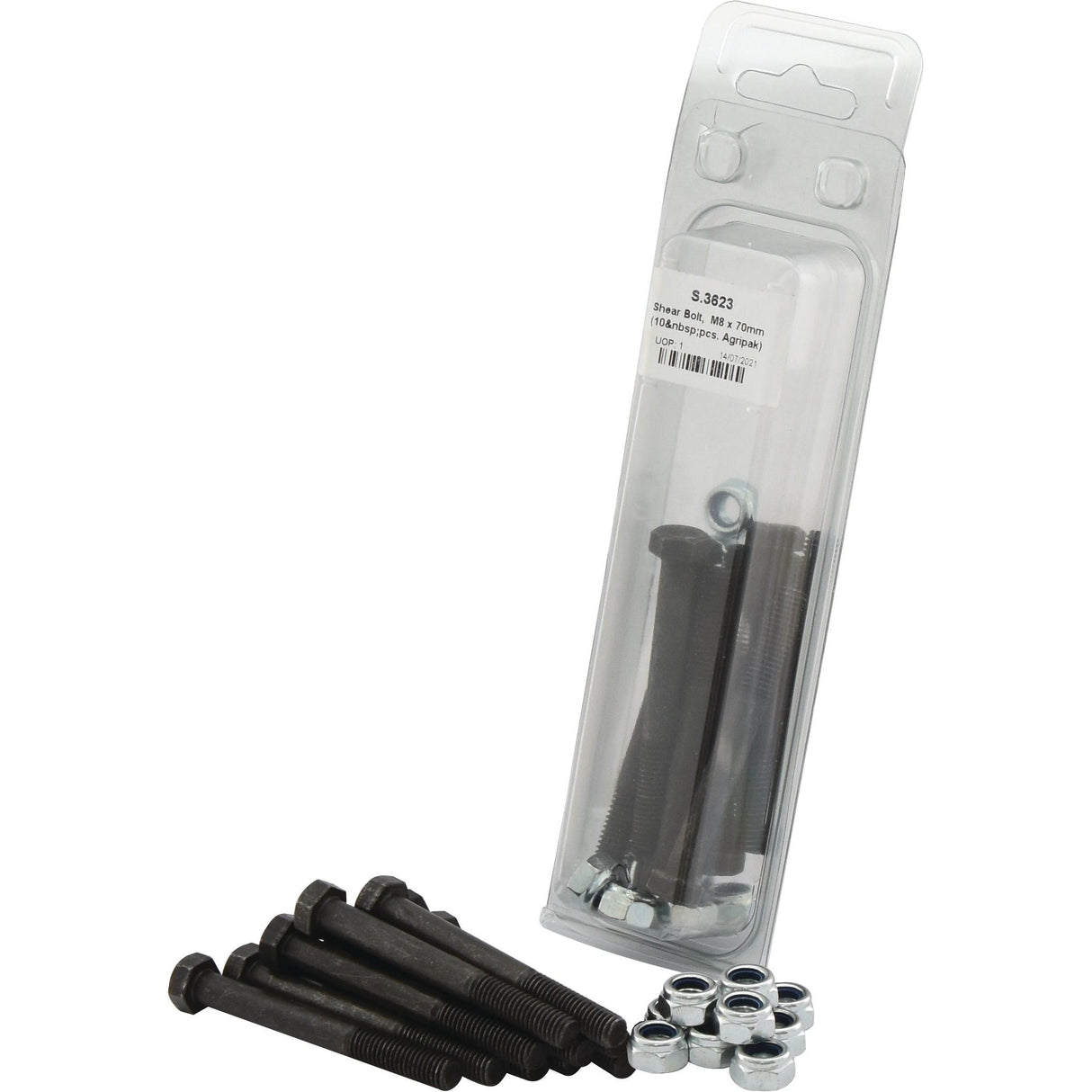 A package of Sparex black Shear Bolts, M8x70mm (10 pcs. Agripak), with washers and nuts, including some metric bolts and nuts arranged outside the package on a white background. The package label displays Sparex Part No.S.3623 and a barcode.