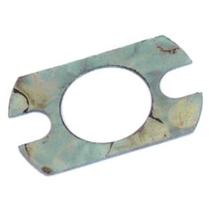 A rusted and worn Shim 0.005 (Sparex Part No.S.42306) with a central circular hole and two notches on opposite sides, possibly for Massey Ferguson equipment.