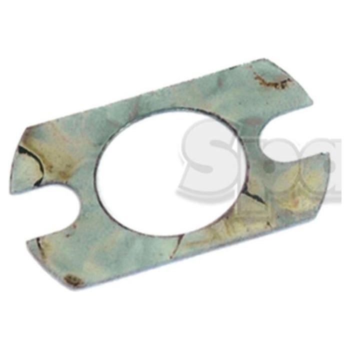 Shim 0.005 | Sparex Part No.S.42306 is a metal washer with a circular center and flat, irregular shape, featuring a weathered, tarnished surface. It is ideal as a shim in various applications and compatible with Massey Ferguson equipment from Sparex.